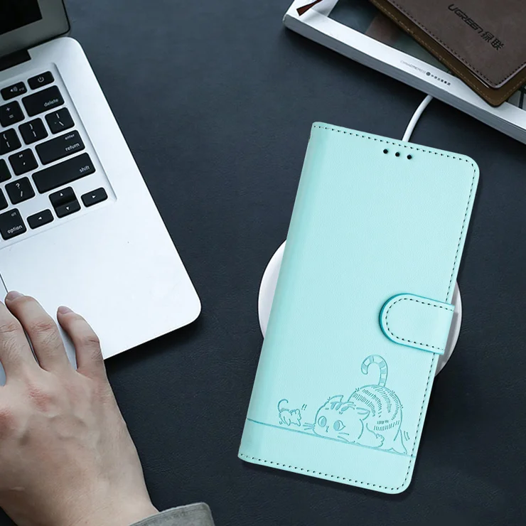 For Xiaomi 15 Pro Case with Strap RFID Blocking Leather Wallet Phone Cover Cat Mouse Pattern - Mint Green