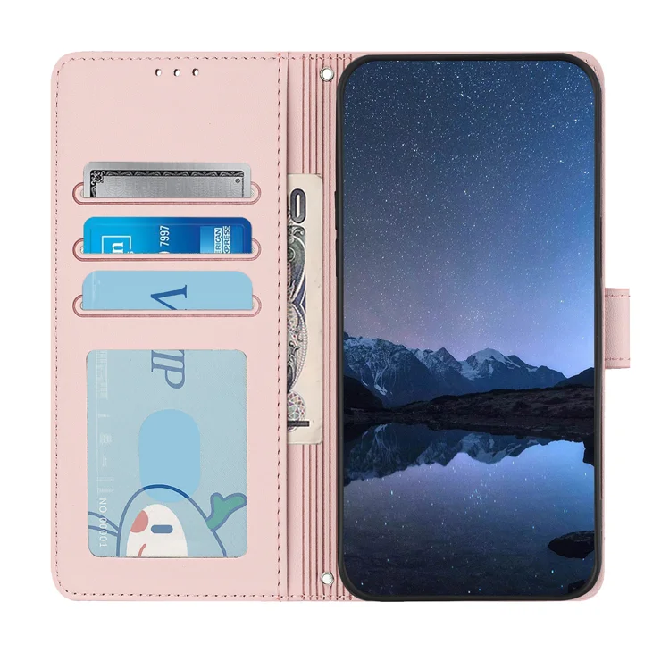 For Samsung Galaxy S24 FE Case with Strap RFID Blocking Leather Wallet Phone Cover Cat Mouse Pattern - Pink