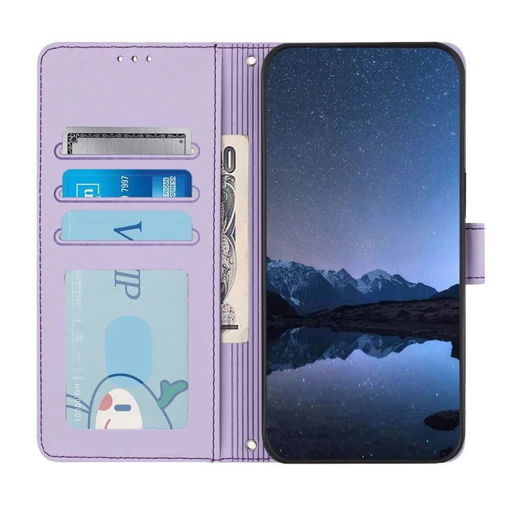 For Samsung Galaxy S25 Ultra Case with Strap RFID Blocking Leather Wallet Phone Cover Cat Mouse Pattern - Purple