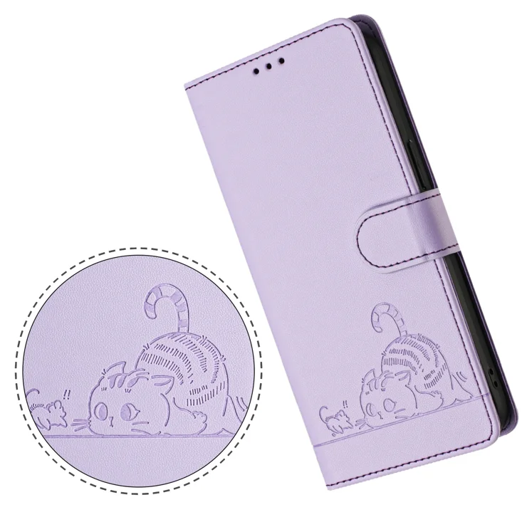 For Samsung Galaxy A56 5G Case with Strap RFID Blocking Leather Wallet Phone Cover Cat Mouse Pattern - Purple