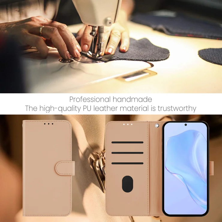 For iPhone 16 Pro Case Solid Color Wallet Leather Phone Cover with Strap - Nude