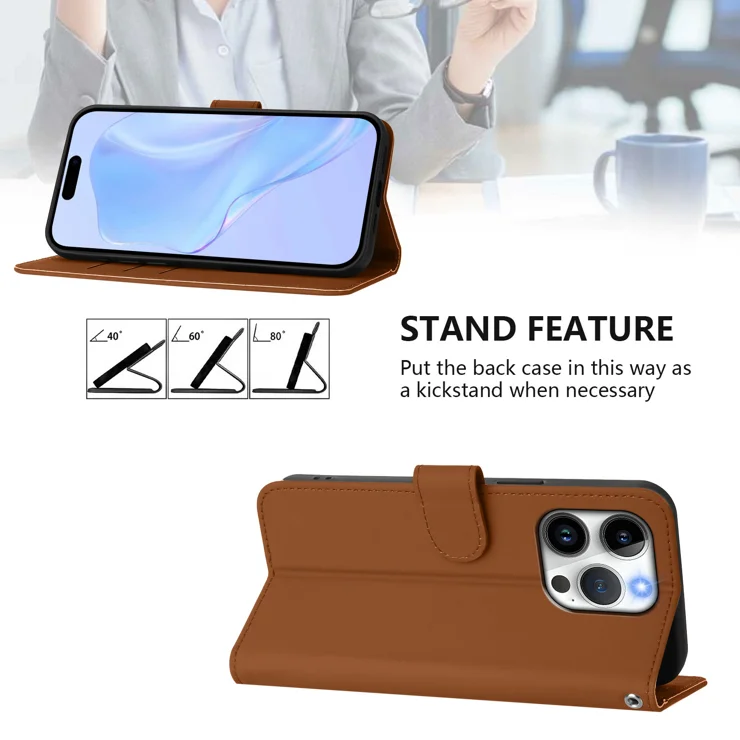 For iPhone 15 Pro Case Solid Color Wallet Leather Phone Cover with Strap - Brown