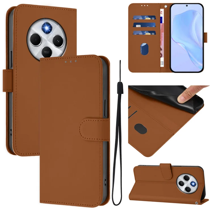 For Xiaomi Redmi 14C 4G Case Solid Color Wallet Leather Phone Cover with Strap - Brown