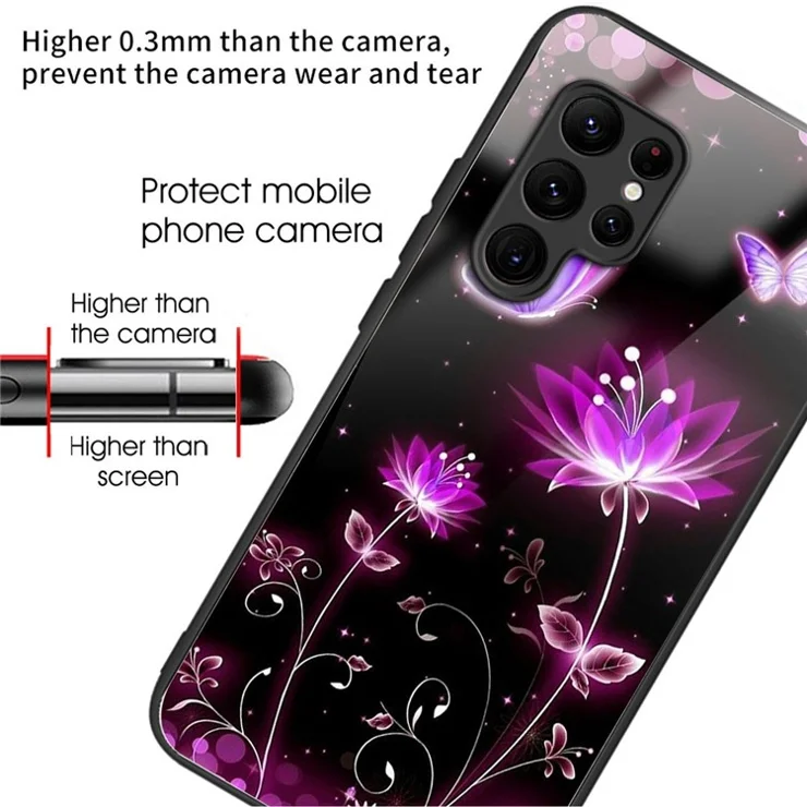 For Samsung Galaxy S25 Ultra Case Tempered Glass Back Cover with Pattern Printing - Flower Butterfly