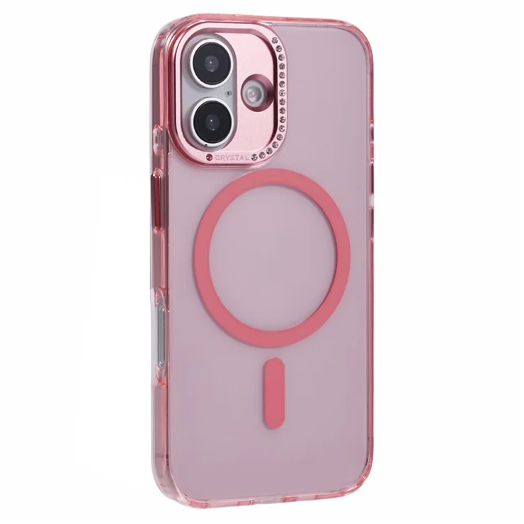 For iPhone 16 Case Compatible with MagSafe TPU+PC Phone Back Cover Rhinestone Decor - Transparent Pink