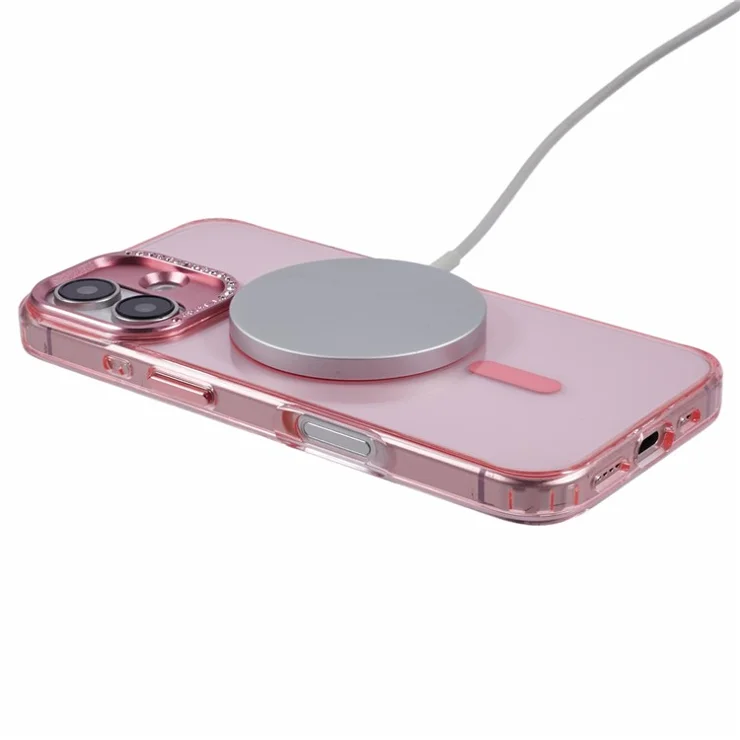 For iPhone 16 Case Compatible with MagSafe TPU+PC Phone Back Cover Rhinestone Decor - Transparent Pink