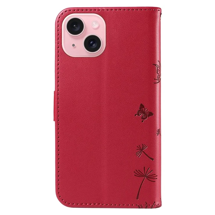 For iPhone 15 Leather Case Wallet Phone Cover Dandelion Imprint - Red