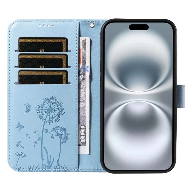 For iPhone 16 Leather Case Wallet Phone Cover Dandelion Imprint - Sky Blue