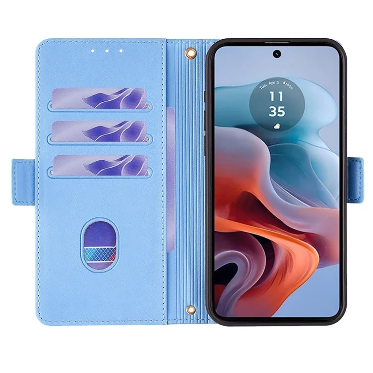 For Motorola Moto G34 5G Leather Wallet Case RFID Blocking Stand Cover with Hand Strap - Blue