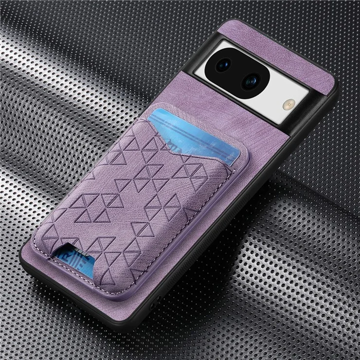 For Google Pixel 8a Case Imprinted Pattern Card Holder Kickstand Leather Back Cover - Purple