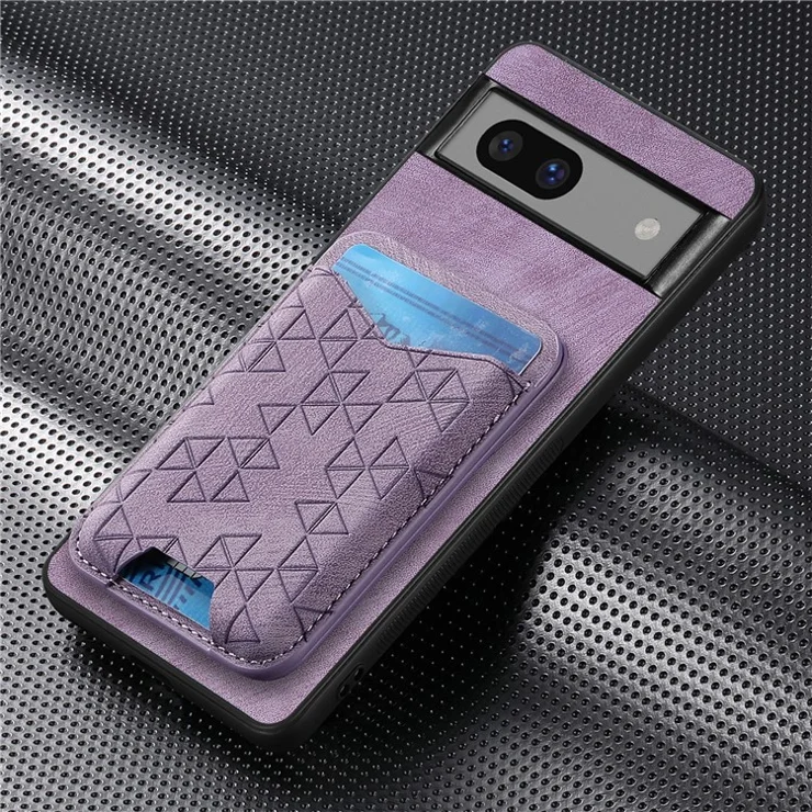 For Google Pixel 7a Case Imprinted Pattern Card Holder Kickstand Leather Back Cover - Purple