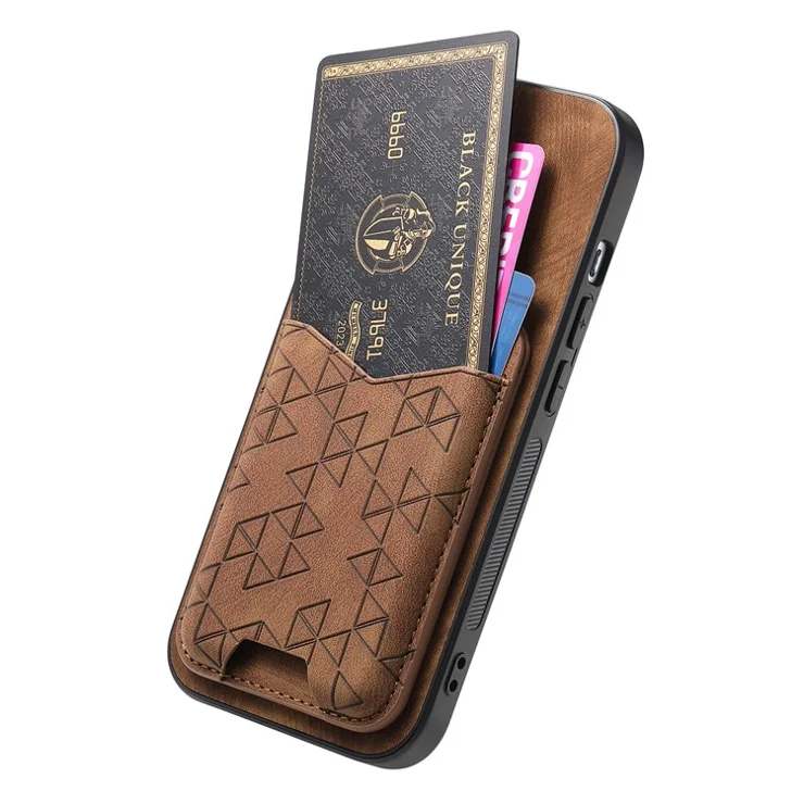 For iPhone 15 Case Imprinted Pattern Card Holder Kickstand Leather Back Cover - Brown