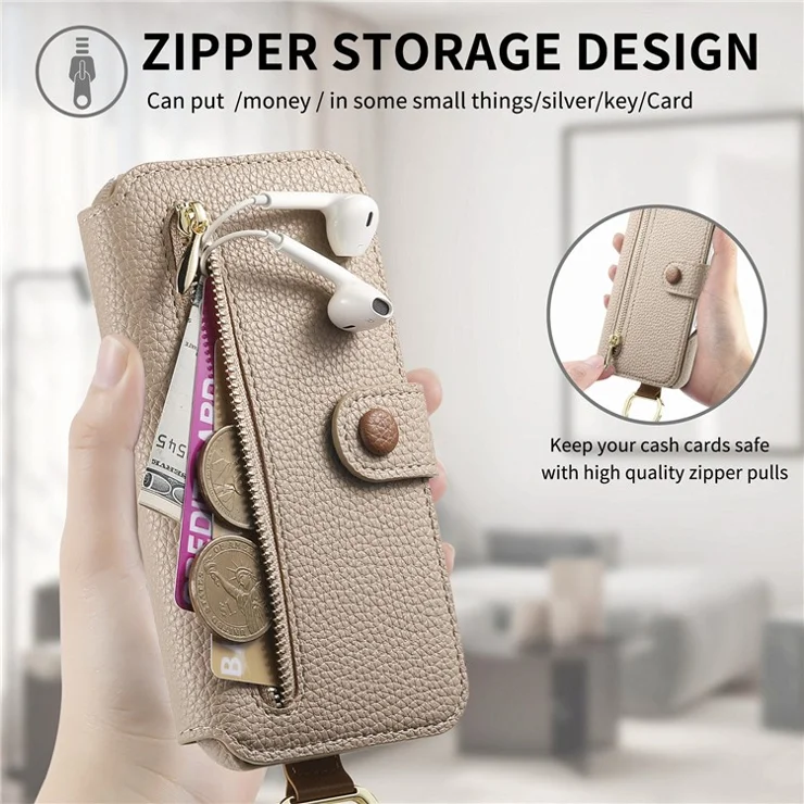 For iPhone 16 Pro Case RFID Blocking Zipper Wallet PU Leather Mobile Cover - Khaki