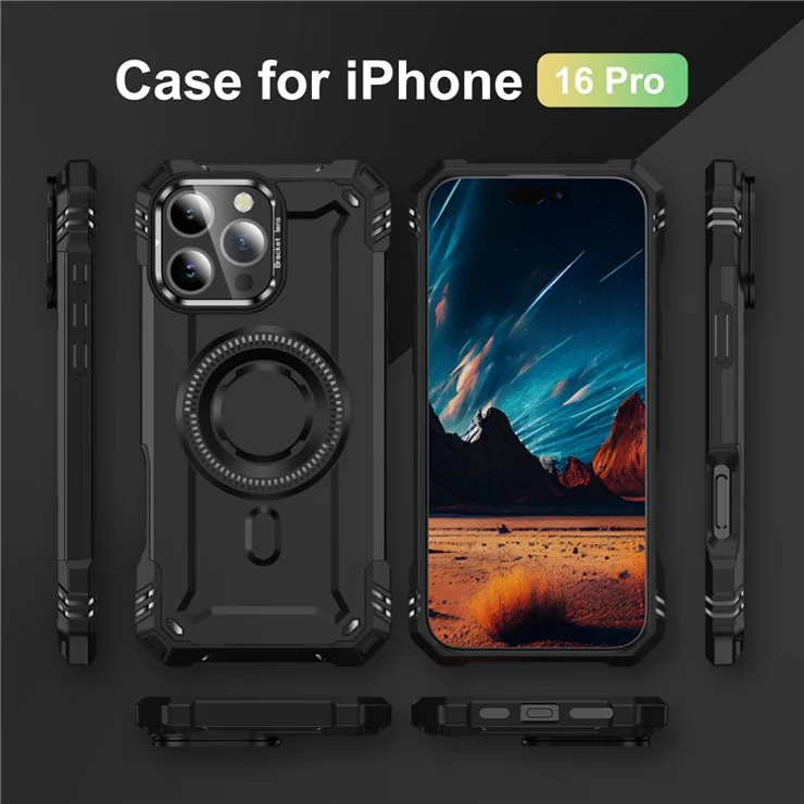 For iPhone 16 Pro Case Compatible with MagSafe Metal Lens Frame Kickstand PC+TPU Mobile Cover - Black