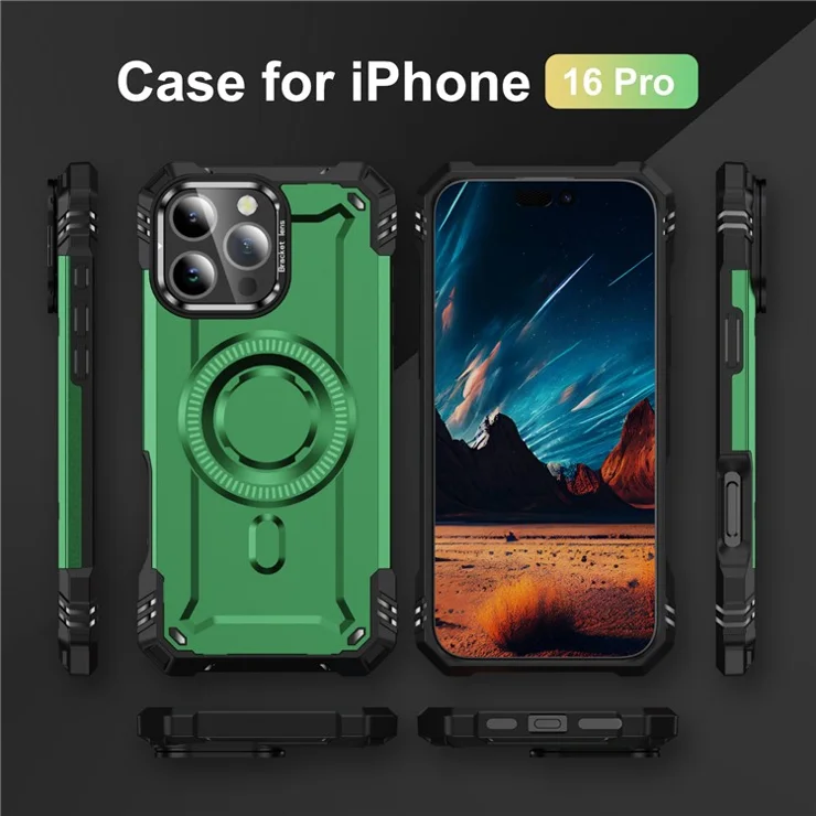 For iPhone 16 Pro Case Compatible with MagSafe Metal Lens Frame Kickstand PC+TPU Mobile Cover - Green