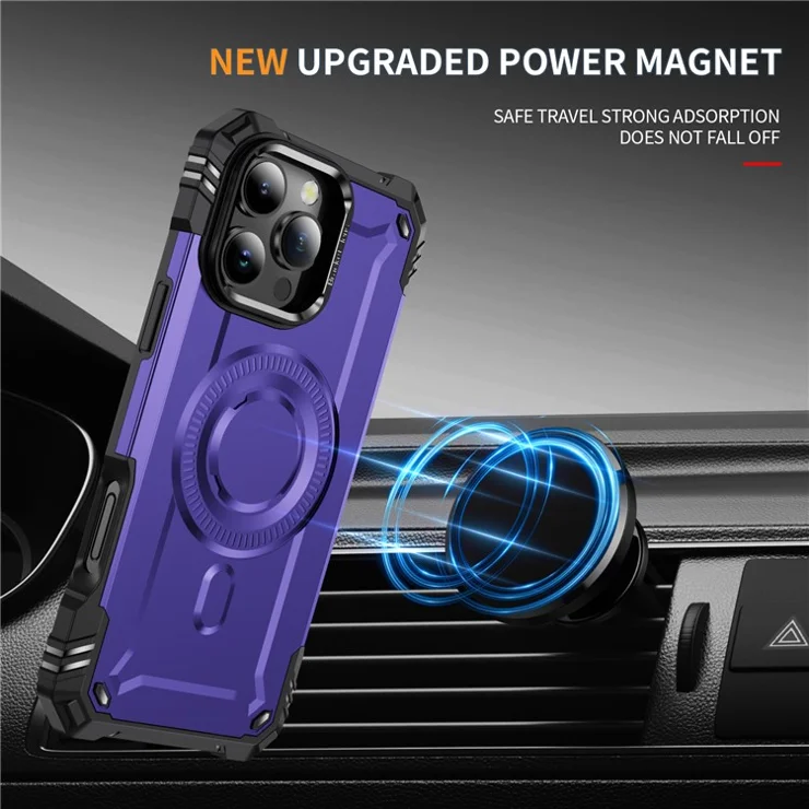 For iPhone 16 Pro Max Case Compatible with MagSafe Metal Lens Frame Kickstand PC+TPU Mobile Cover - Purple