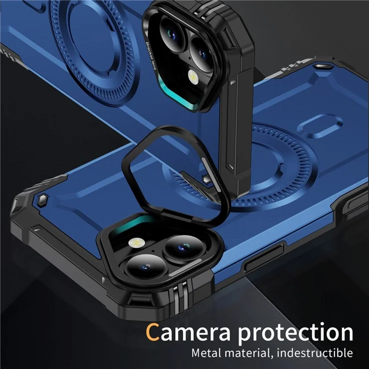 For iPhone 16 Plus Case Compatible with MagSafe Metal Lens Frame Kickstand PC+TPU Mobile Cover - Sapphire
