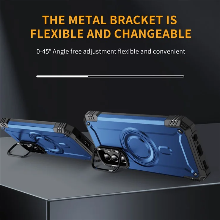 For Samsung Galaxy A14 4G / 5G Case Compatible with MagSafe Metal Lens Frame Kickstand PC+TPU Mobile Cover - Sapphire