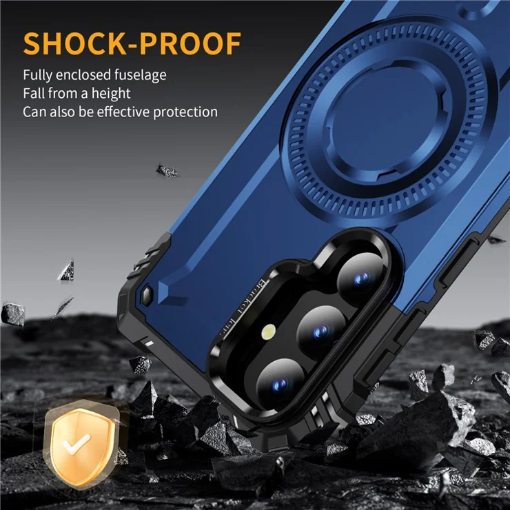 For Samsung Galaxy S25 / S24 Case Compatible with MagSafe Metal Lens Frame Kickstand PC+TPU Mobile Cover - Sapphire