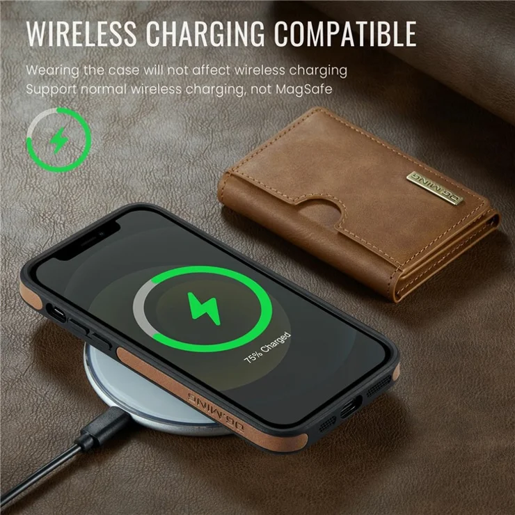 DG.MING M6 Series For iPhone 12 / 12 Pro Case Magnetic Wallet PU+PC+TPU Phone Cover - Brown