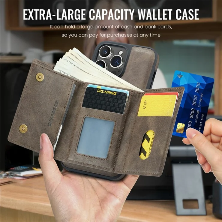 DG.MING M6 Series For iPhone 13 Pro Case Magnetic Wallet PU+PC+TPU Phone Cover - Coffee