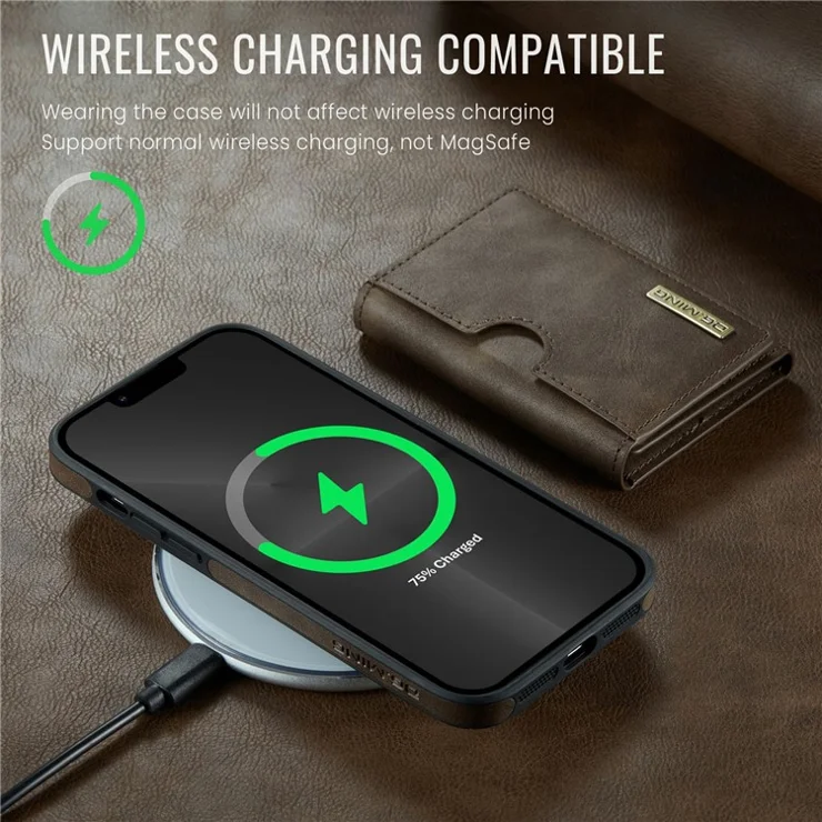 DG.MING M6 Series For iPhone 13 Pro Case Magnetic Wallet PU+PC+TPU Phone Cover - Coffee