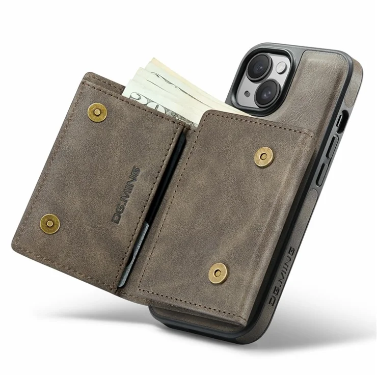 DG.MING M6 Series For iPhone 14 Plus Case Magnetic Wallet PU+PC+TPU Phone Cover - Coffee