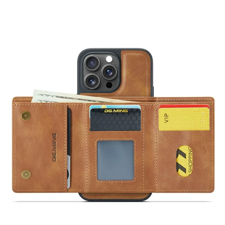 DG.MING M6 Series For iPhone 15 Pro Case Magnetic Wallet PU+PC+TPU Phone Cover - Brown
