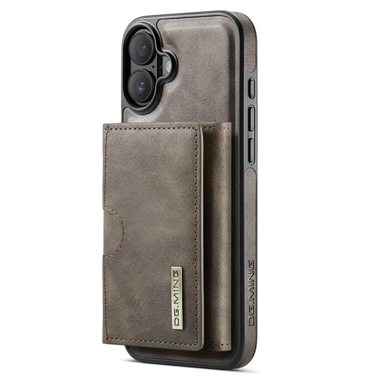 DG.MING M6 Series For iPhone 16 Plus Case Magnetic Wallet PU+PC+TPU Phone Cover - Coffee