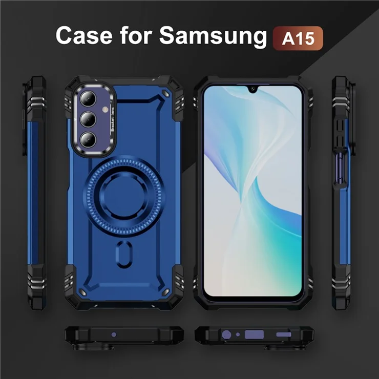 For Samsung Galaxy A15 4G / 5G Case Compatible with MagSafe Metal Lens Frame Kickstand PC+TPU Mobile Cover - Sapphire