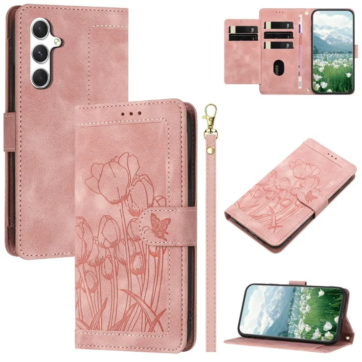For Samsung Galaxy S24 Case Tulip Leather Phone Cover with 5 Card Slots Wallet - Pink