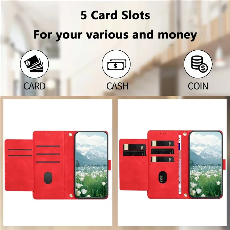 For Samsung Galaxy S24 Case Tulip Leather Phone Cover with 5 Card Slots Wallet - Red