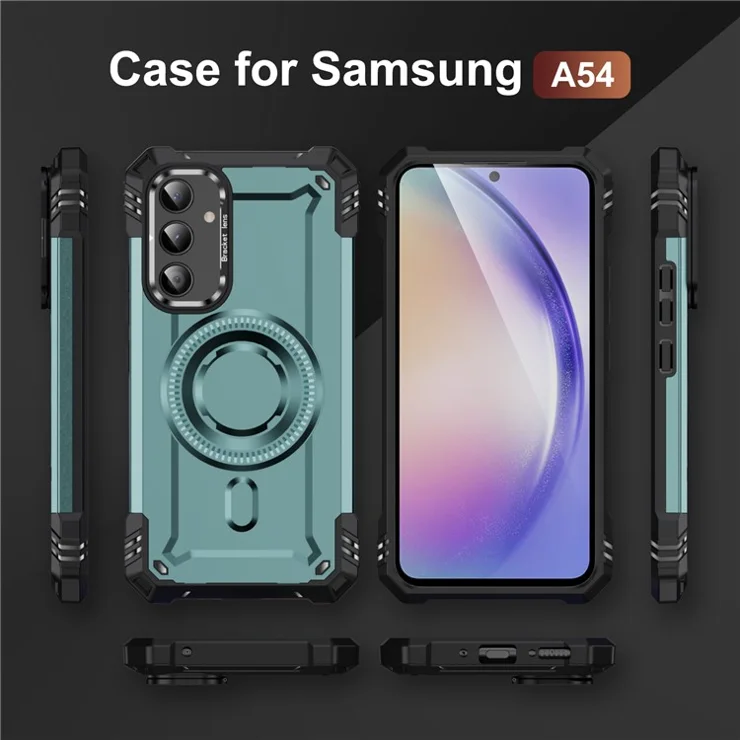 For Samsung Galaxy A54 5G Case Compatible with MagSafe Metal Lens Frame Kickstand PC+TPU Mobile Cover - Grey Green