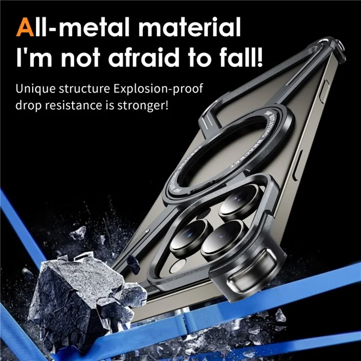 For iPhone 16 Pro Max Magnetic Case Kickstand Titanium Alloy Bumper Phone Cover - Grey