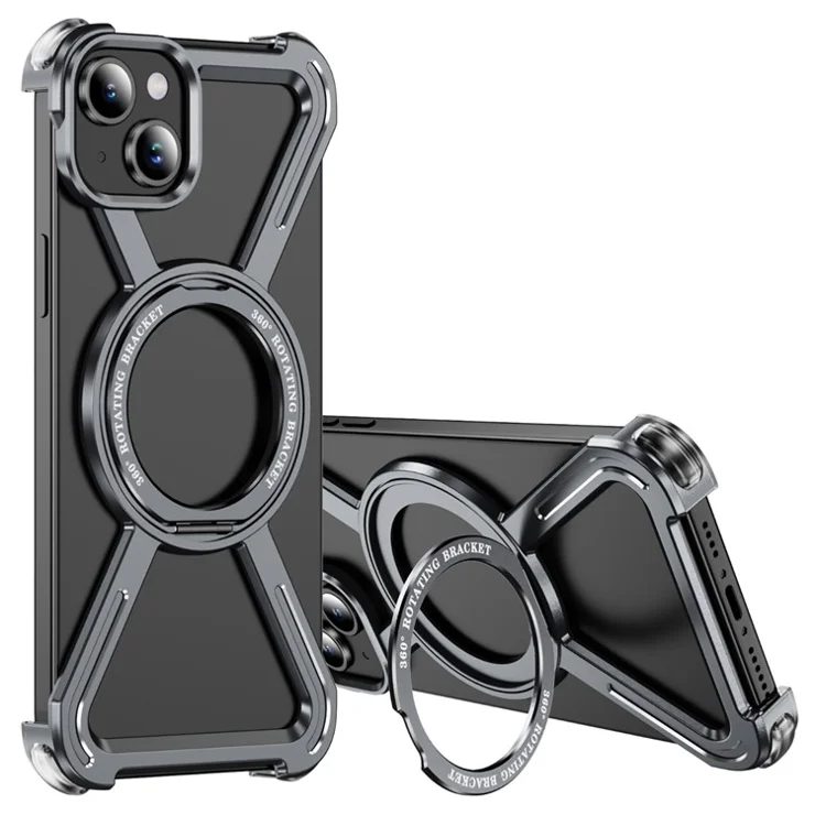 For iPhone 15 Magnetic Case Kickstand Titanium Alloy Bumper Phone Cover - Grey