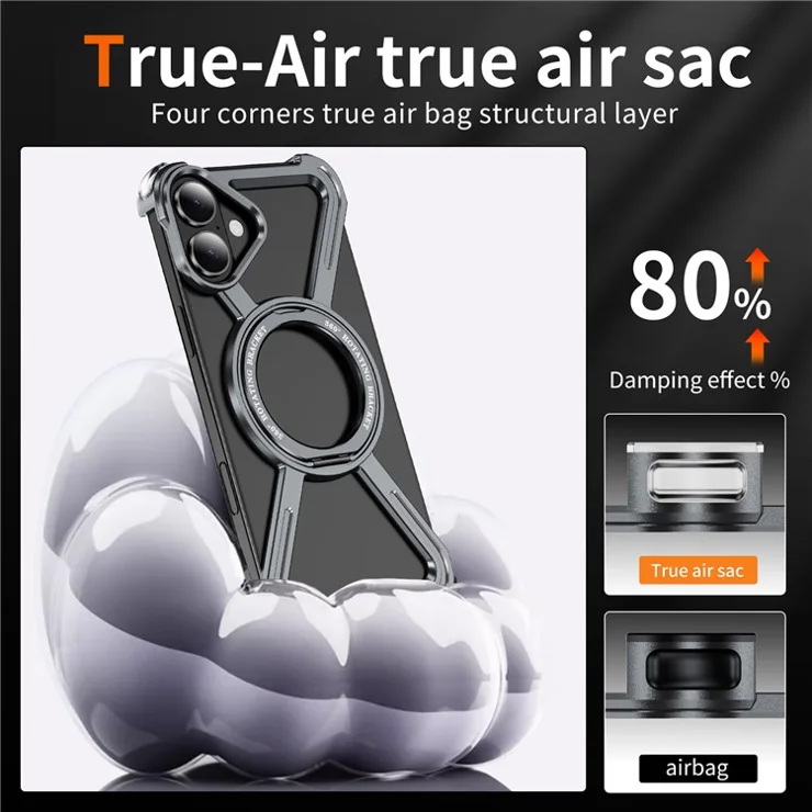 For iPhone 16 Magnetic Case Kickstand Titanium Alloy Bumper Phone Cover - Grey