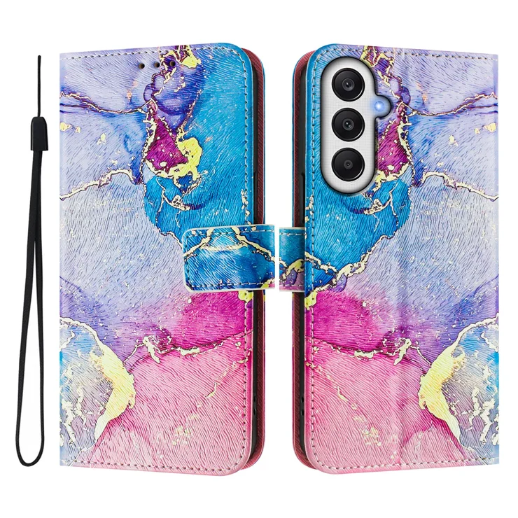 For Samsung Galaxy A35 5G Case Pattern Printing Wallet Phone Cover with Strap - Multicolor Marble