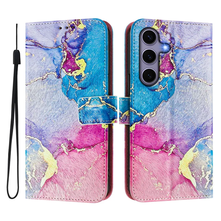 For Samsung Galaxy S24 / Galaxy S25 Case Pattern Printing Wallet Phone Cover with Strap - Multicolor Marble