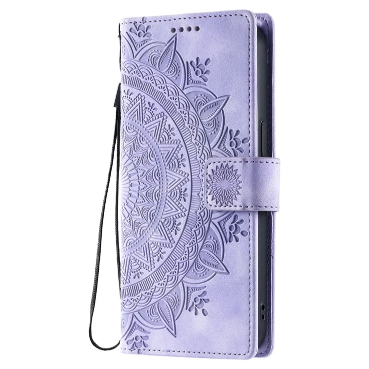 Style 018 For iPhone 14 Pro Case Imprinted Totem Skin Feel Wallet Leather Phone Cover - Purple