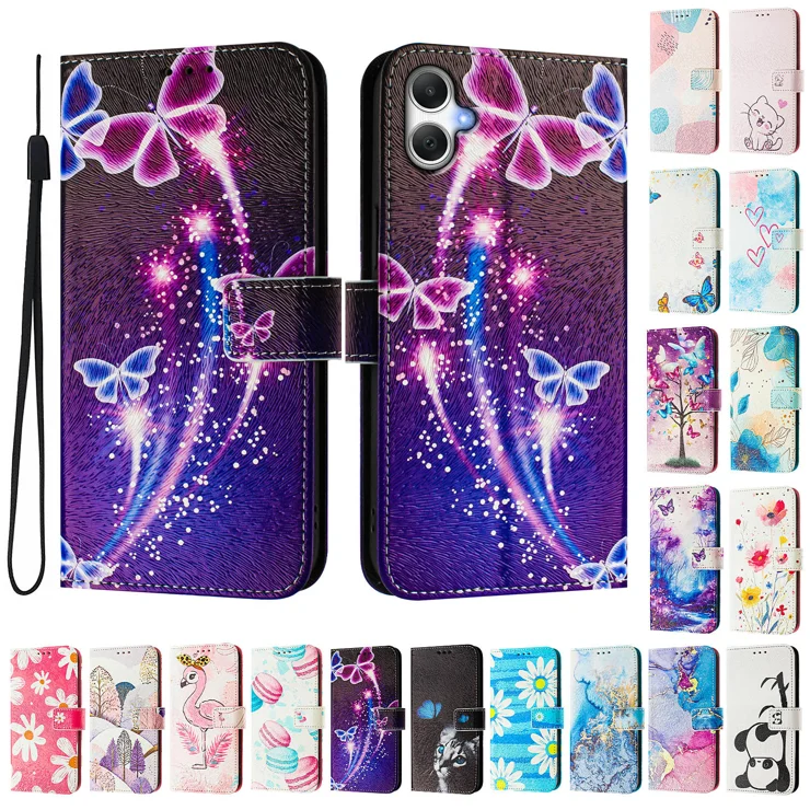 For Samsung Galaxy A06 4G Case Pattern Printing Wallet Phone Cover with Strap - Firework Butterfly