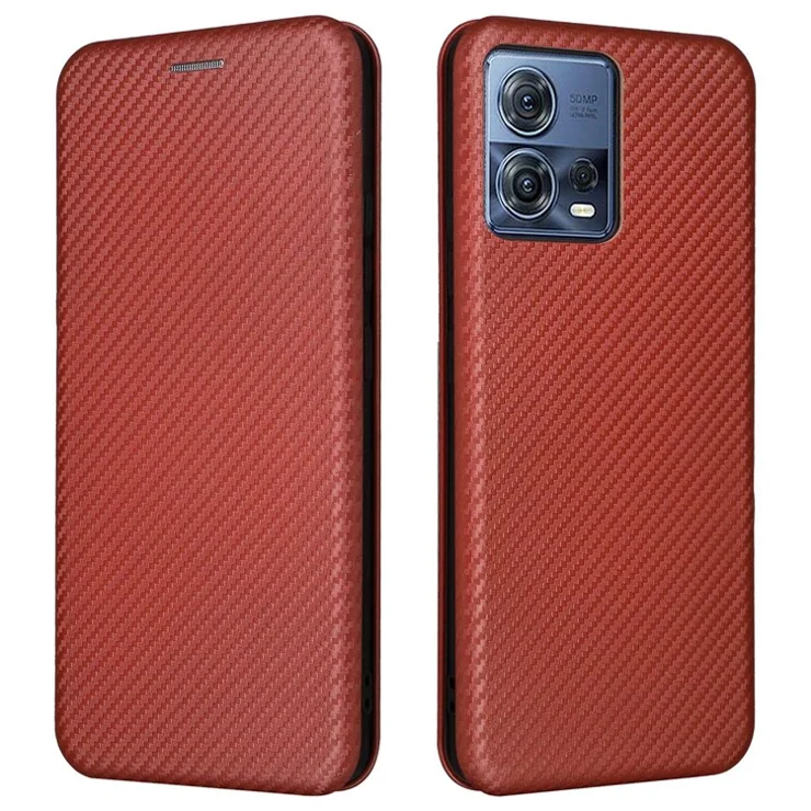For Motorola Moto S30 Pro 5G / Edge 30 Fusion 5G Carbon Fiber Texture PU Leather Flip Folio Stand Cover Stand Cover Card Slots Magnetic Absorption Protective Case - Rose Gold