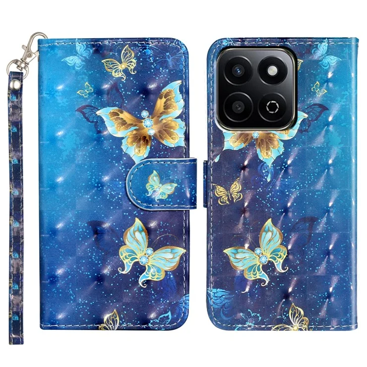 For Honor X7c 4G / 200 Smart 5G Case 3D Pattern Printed Phone Leather Phone Cover - Blue Gold Butterflies