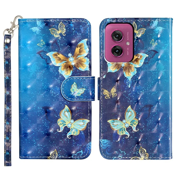 For Motorola Moto G55 5G Case 3D Pattern Printed Phone Leather Phone Cover - Blue Gold Butterflies