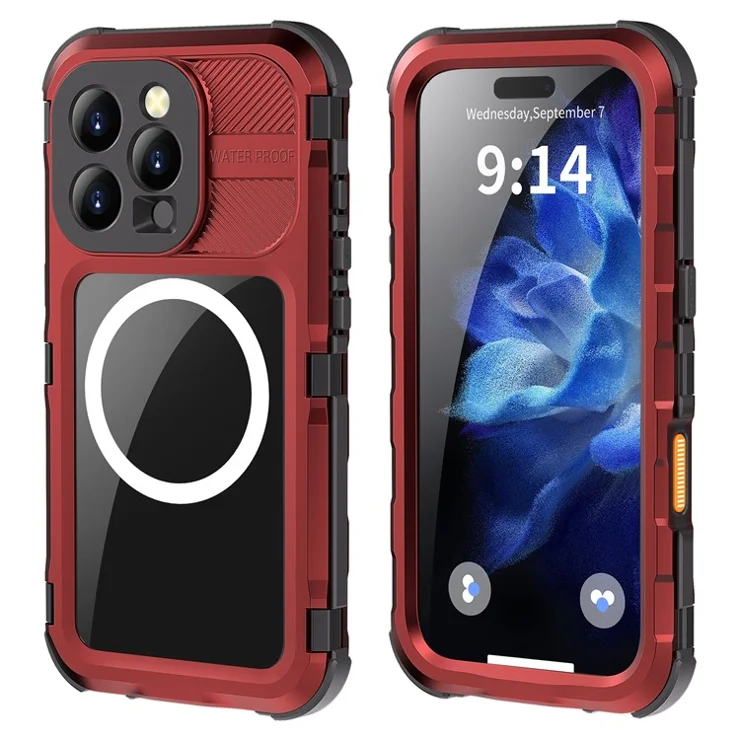 SHELLBOX M Series For iPhone 16 Pro IP68 Waterproof Case Metal Diving Phone Cover Compatible with MagSafe - Red