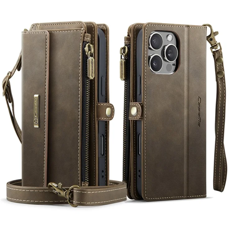 For iPhone 16 Pro CASEME Case C39 RFID Blocking Zipper Wallet Stand Leather Cover with Strap - Brown
