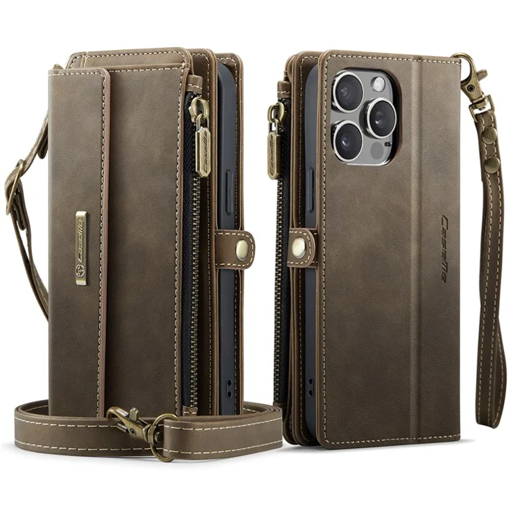 For iPhone 12 Pro Max 6.7 inch Case CASEME C39 RFID Blocking Zipper Wallet Stand Leather Cover with Strap - Brown