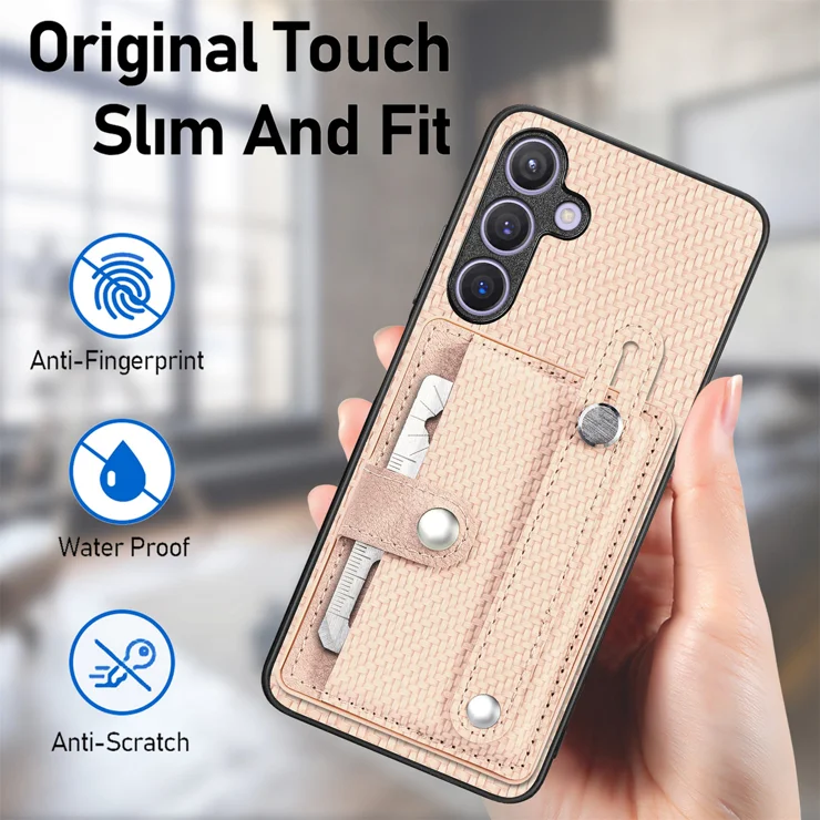 For Samsung Galaxy S25+ Case Carbon Fiber Texture Leather Phone Back Cover with Card Holder - Khaki