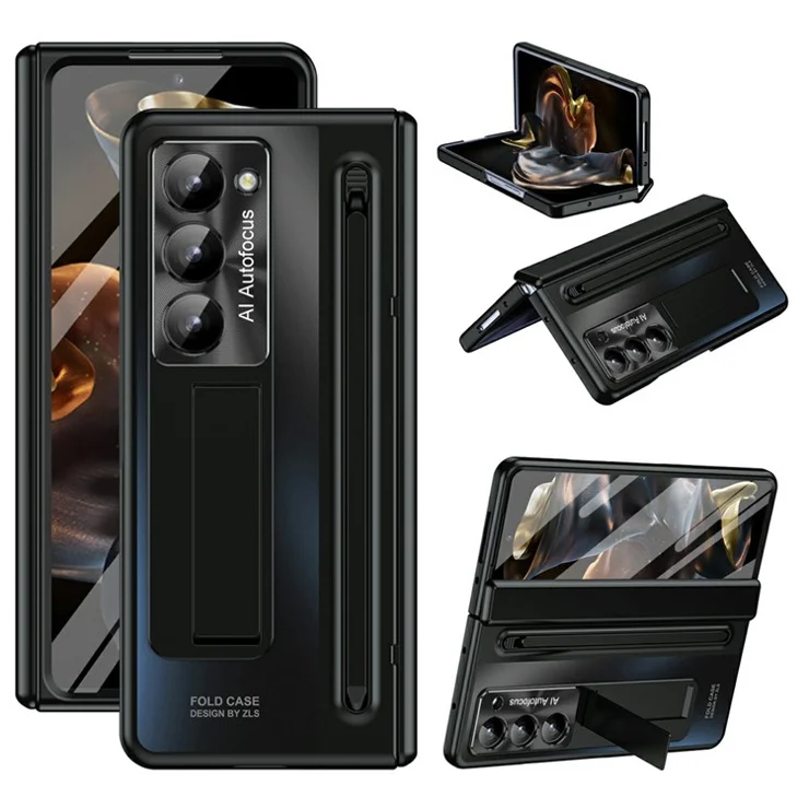 For Samsung Galaxy Z Fold 6 Slim Case Kickstand Hinge PC Phone Cover with Tempered Glass Film, Stylus - Black