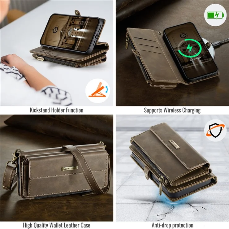 For iPhone 15 Pro Case CASEME C39 RFID Blocking Zipper Wallet Stand Leather Cover with Strap - Brown