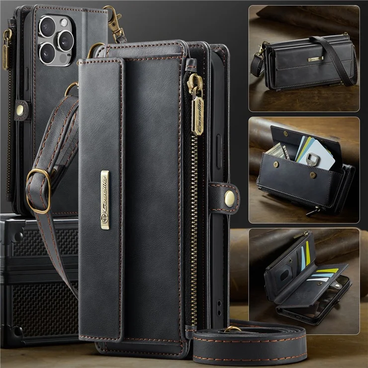 For iPhone 14 Pro Max Case CASEME C39 RFID Blocking Zipper Wallet Stand Leather Cover with Strap - Black